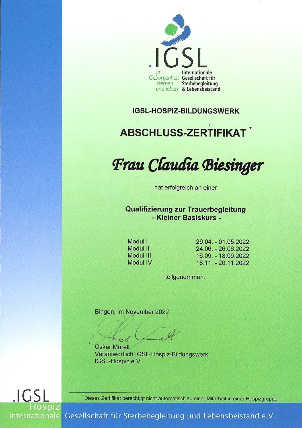 TRAUERFEIER-Abschluss_Zertifikat_Trauerbegleitung Claudia_Biesinger